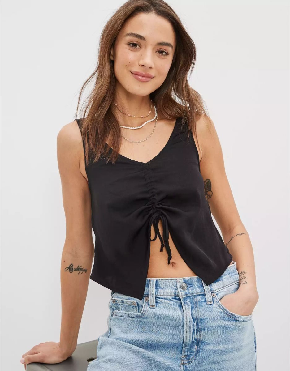 Chemises American Eagle AE Silky Cinch-Front Tank Top Noir Femme | ZZK-68865862